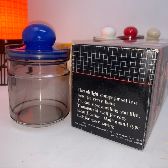 v i n t a g e :: Bright Midcentury 4 Jar Set Shelf Storage Apothecary Kitchen - Picture 6 of 14